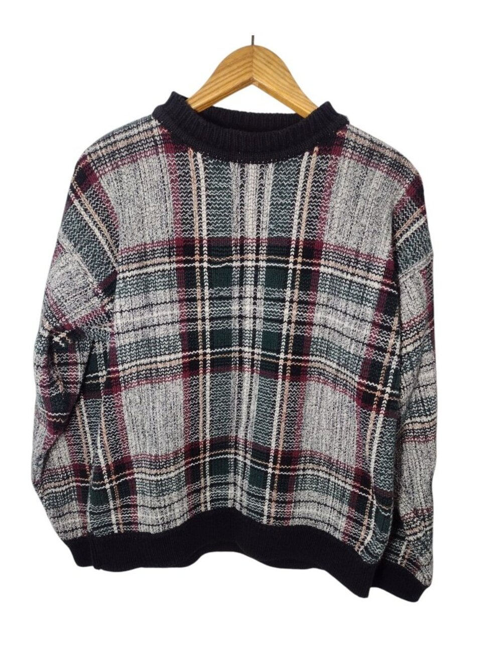 Hunt Club Vintage 80s Mens Thick Plaid Cotton Sweater L Academia Cabincore Golf